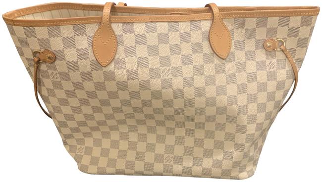 Louis Vuitton Neverfull Mm Beige Damier Azur Canvas Natural Cowhide leather Trim Tote