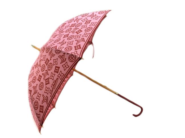 Louis Vuitton Red "Lv" Logo Leather Parsol Sunshade Classic Umbrella Mu