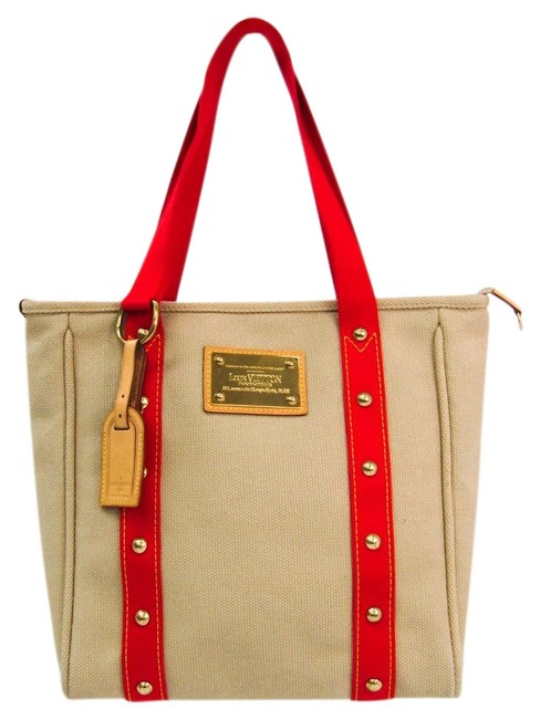 Louis Vuitton Bag Cabas Antigua Mm M40035 Women Beige Red Color Canvas Tote