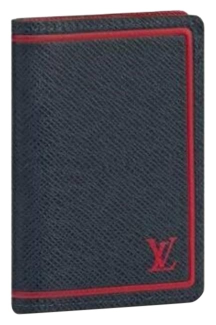 Louis Vuitton Navy Red Pocket Organizer Taiga Leather Bleu Marine Logo Wallet