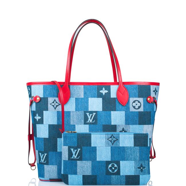 Louis Vuitton Neverfull Patchwork Monogram Mm Blue Denim Fabric Tote