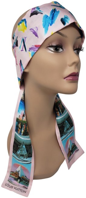 Louis Vuitton Pink Blue Multicolor Lv Logo Splash Silk Bandeau ScarfWrap