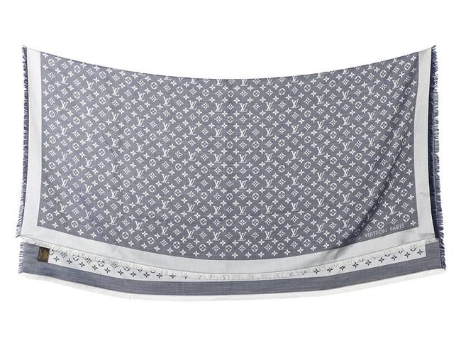 Louis Vuitton Blue Denim Monogram Silk Wool Shawl ScarfWrap