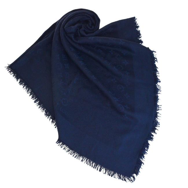 Louis Vuitton Blue XL Muffler Monogram Silk Wool Italy ScarfWrap