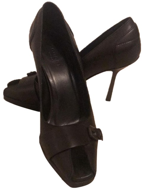 Gucci 101833 Black Leather Peep Toe Heel Pumps