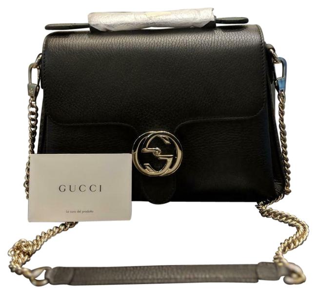 Gucci 510302 Interlocking G Buckle Chain Black Leather Shoulder Bag