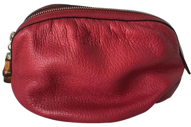 Gucci Bamboo Zippered Cosmetic Red Leather Clutch