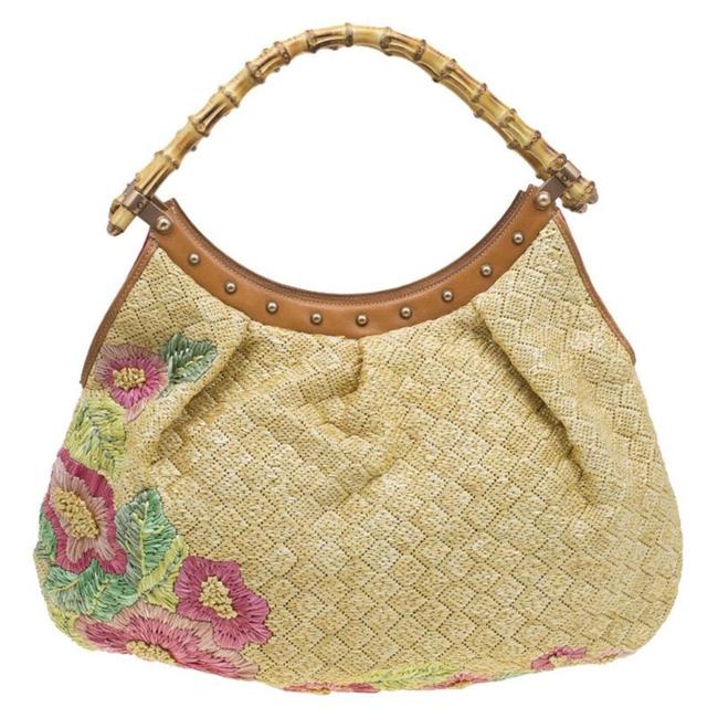 Gucci Beige Floral Print Bamboo Multicolor Raffia Hobo Bag