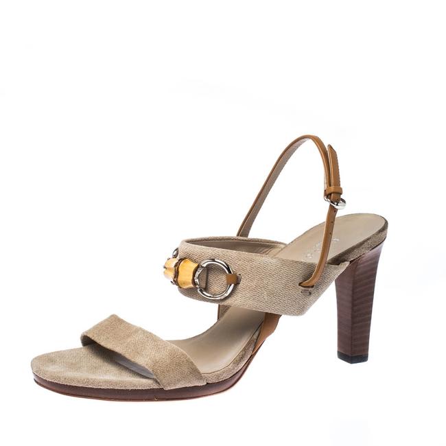 Gucci Beige Horsebit Canvas Bamboo Slingback Sandals 