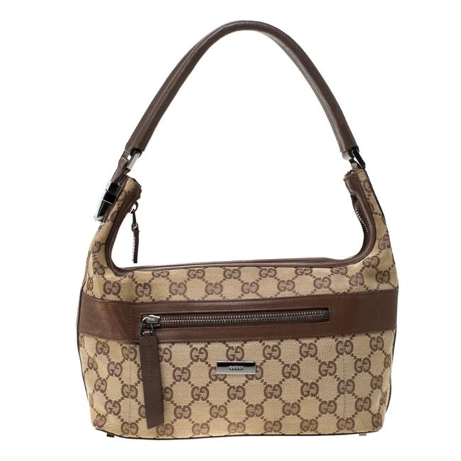 Gucci Beige Brown Gg Canvas and Leather Front Zip Brown Shoulder Bag