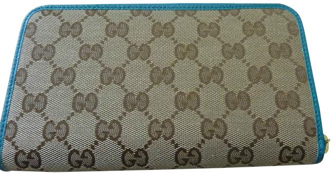 Gucci Beige Brown Blue gg Logo Canvas Leather Zip around Wallet