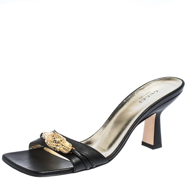 Gucci Black Dora Leather Open Toe Slide 37.5 Sandals 