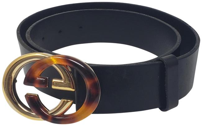 Gucci Black Leather Gold tone Gg Logo Buckle Belt