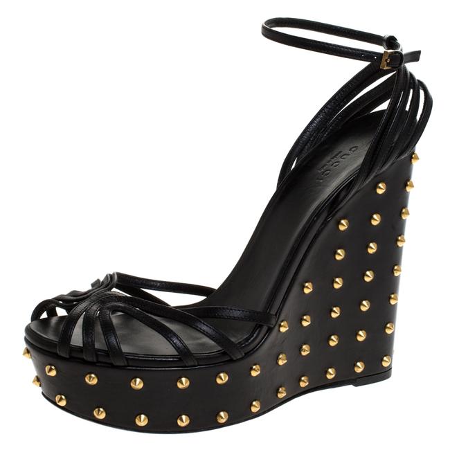 Gucci Black Leather Studded Wedge Ankle Strap Sandals 