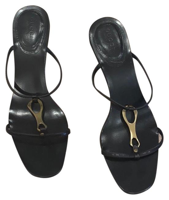 Gucci Black Leather with Gold Hardware Sandals 