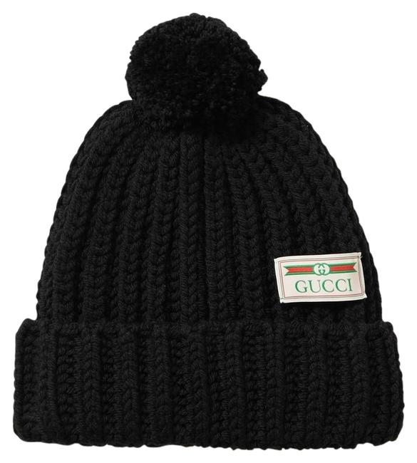 Gucci Black W Knit Wool Pompom Beanie W Logo Patch Large Hat
