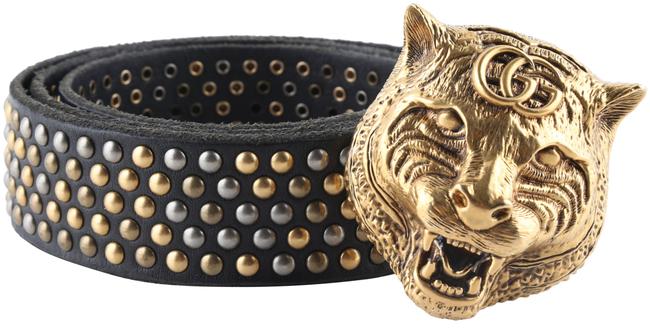 Gucci Black Gold Feline Head Studded Leather Belt