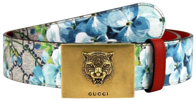 Gucci Blue Bloom Print with Gold Tiger Buckle 85 34 546384 8492 Belt