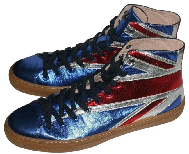 Gucci Blue Men Gold Leather Web High Top Up Sneakers 