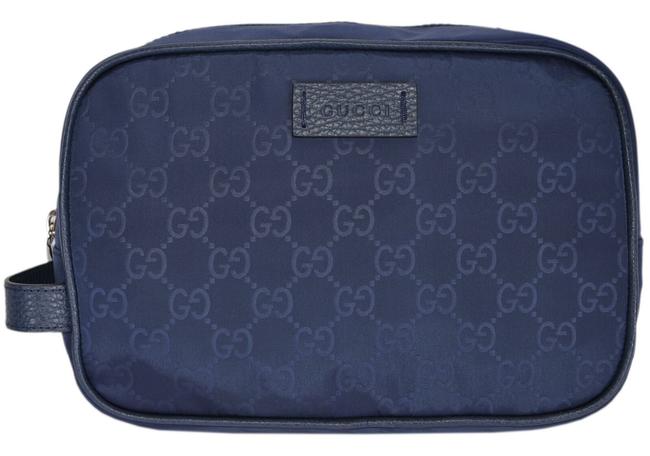 Gucci Blue Mens Nylon Gg Guccissima Large Toiletry Dopp Cosmetic Bag