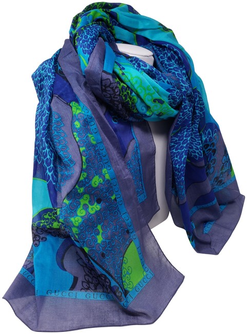 Gucci Blue Multicolor Guccissima Floral Prrint Oversized Scarf Wrap