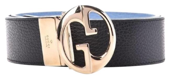Gucci Blue Black Reversible Gg Dollar Calfskin Pebbled 85cm Belt
