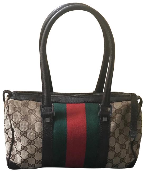 Gucci Boston Canvas Gg Long Handle with Web Design Brown Shoulder Bag