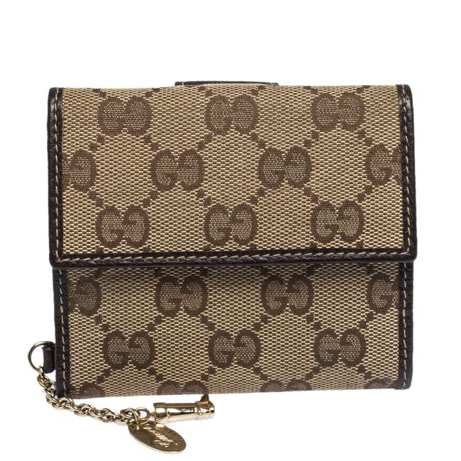 Gucci Brown Brown Beige Gg Canvas and Leather Flap Compact with Charm Wallet