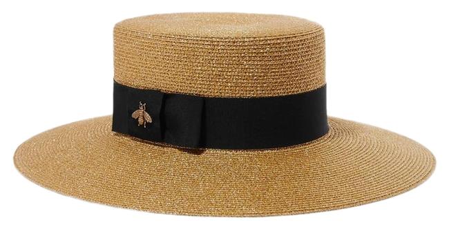 Gucci Brown Papier Lame Bee Embellished Grosgrain Straw Small Hat