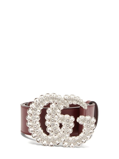 Gucci Burgundy Mf Gg Crystal embellished Leather Belt
