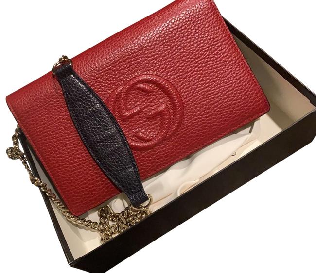 Gucci Cross Body Red &amp; Navy Leather Clutch