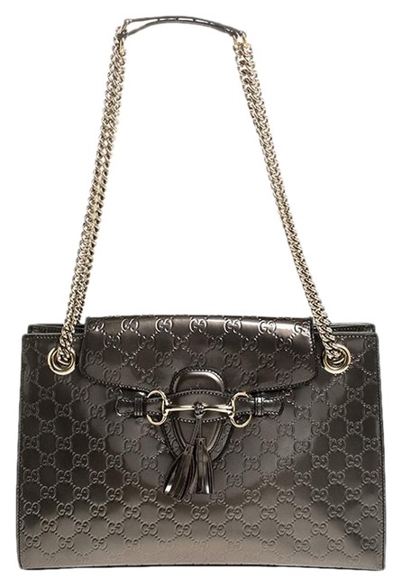 Gucci Emily Metallic Guccissima Patent Leather Large Chain Beige Shoulder Bag