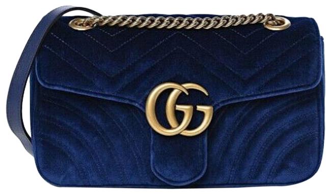 Gucci GG Crossbody Marmont 2.0 Small Matelasse Gold Blue Velvet Shoulder Bag