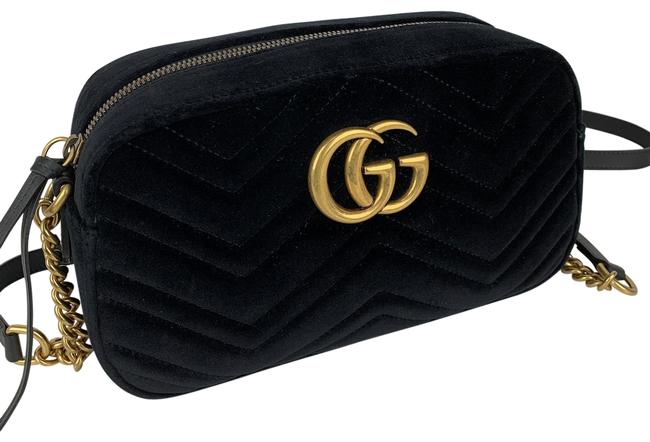 Gucci GG Shoulder Marmont New Black Chevron Velvet Cross Body Bag