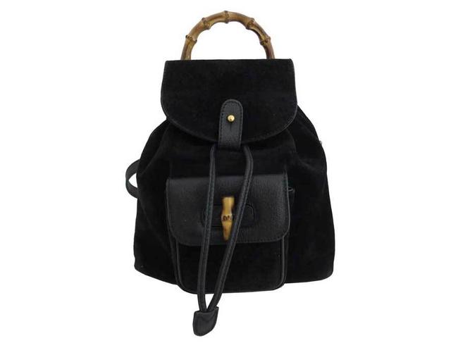 Gucci Gold Hardware Suede Ladies Black Bamboo Backpack