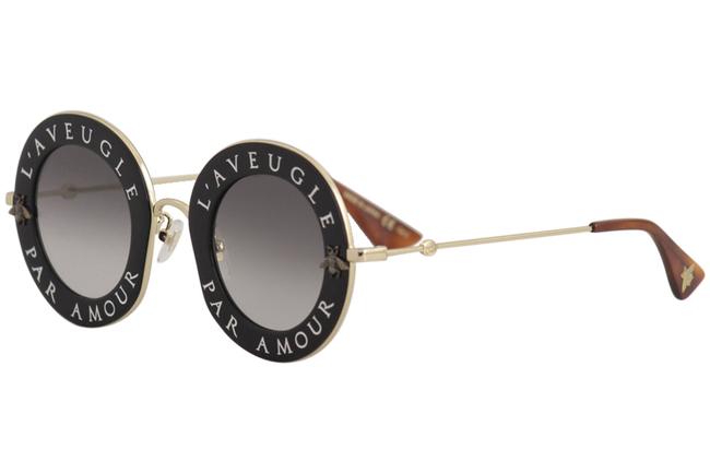 Gucci Gold Black Womens Gg0113s Gg 0113 001 Black Gold Fashion Round Sunglasses