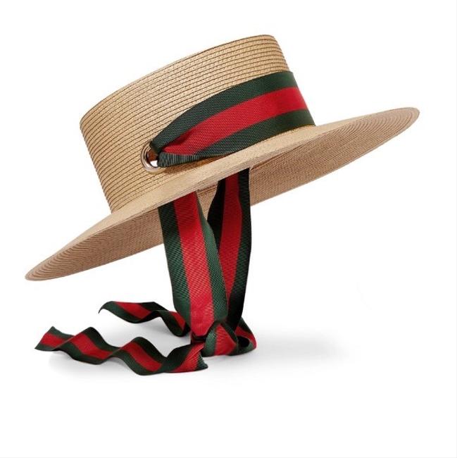 Gucci Grosgrain Stripe Trimmed Raffia Medium Hat