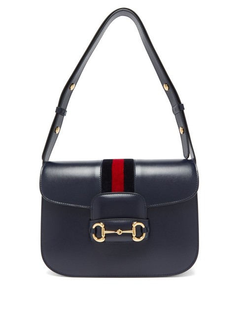 Gucci Horsebit Mf 1955 Saddle Navy Blue Grained Leather Shoulder Bag