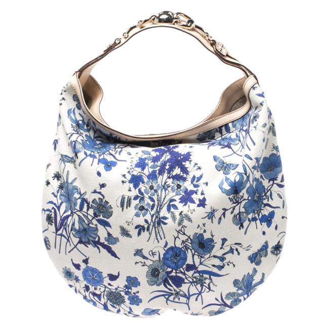 Gucci Horsebit White Blue Floral Canvas and Leather Wave White Hobo Bag