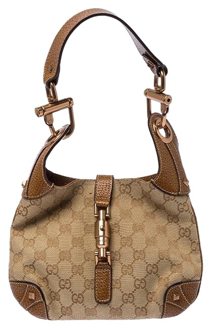 Gucci Jackie Beige Brown Gg Canvas and Small Nailhead Beige Leather Hobo Bag