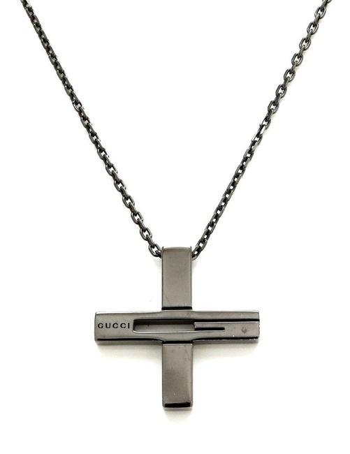 Gucci Logo Cross Crucifix Motif Pendant Chrome Plated Silver Sv925 Necklace