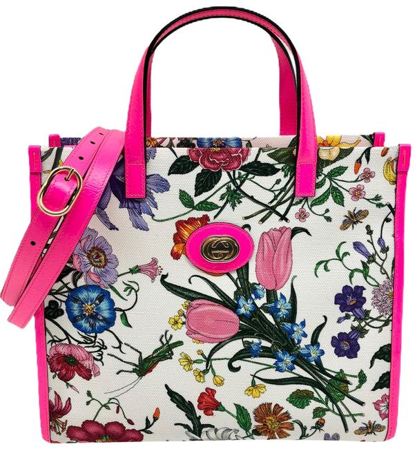 Gucci Medium Flora Tote Pink Multicolor Flowers Canvas Leather Cross Body Bag