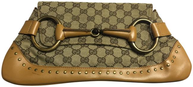 Gucci Monogram Brown Beige Canvas Clutch