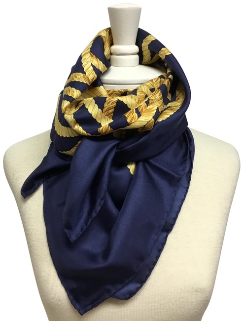 Gucci Navy And Gold Rope Printed Silk Twill Card Scarf Wrap