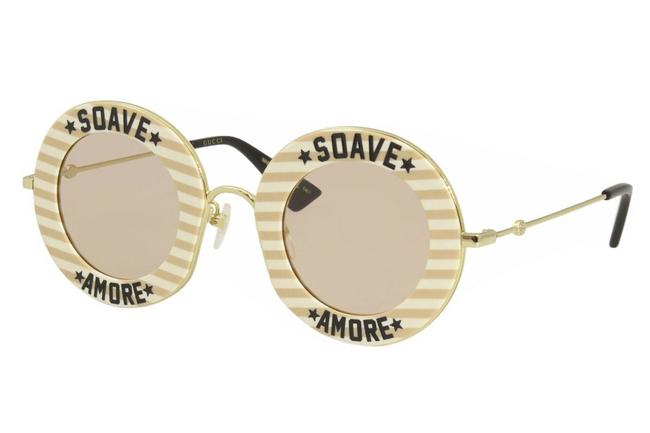 Gucci Nude Gold Gg0113s 009 Soave Amore Nude gold Pink Lenses Round Sunglasses