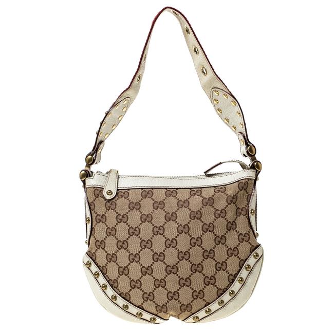 Gucci Pelham Monogram Canvas and Studded Beige Leather Shoulder Bag