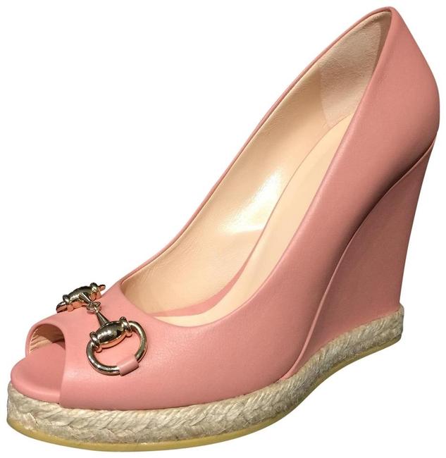 Gucci Pink Horsebit Leather Wedges 