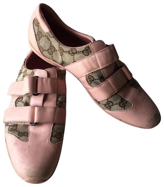 Gucci Pink Tan Monogram Leather Velcro Sneakers 