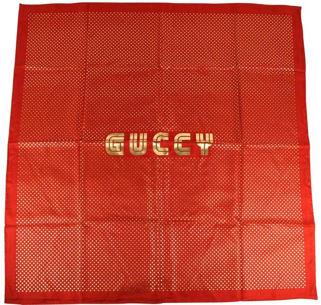 Gucci Red W Gold Star Print and "Guccy" Logo 519591 6500 W O Tag Scarf Wrap
