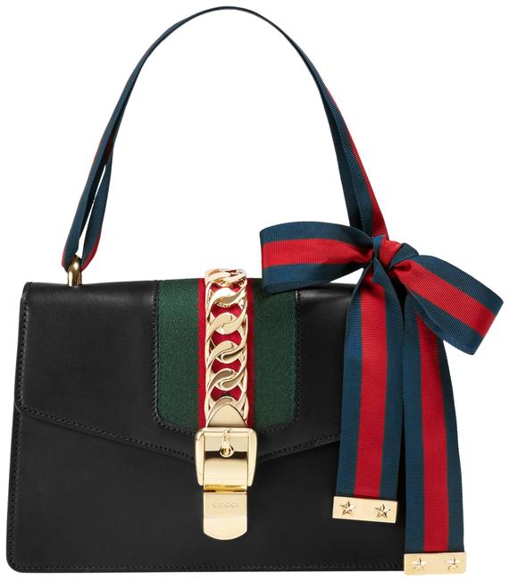 Gucci Shoulder Sylvie 10in Web Black Leather Cross Body Bag